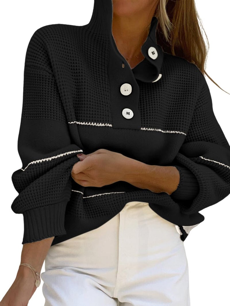CHARTOU Women's Waffle Knit Knitwear Slouchy Striped Polo Collared Long Sleeve Pullover Sweater Tops (Large, Black) - Image 2