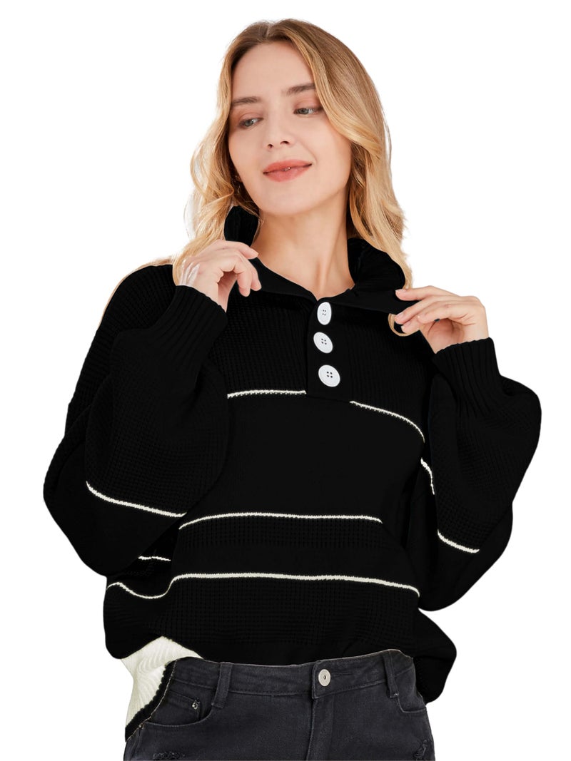 CHARTOU Women's Waffle Knit Knitwear Slouchy Striped Polo Collared Long Sleeve Pullover Sweater Tops (Large, Black) - Image 3