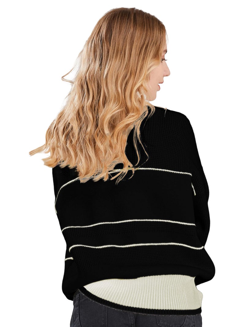 CHARTOU Women's Waffle Knit Knitwear Slouchy Striped Polo Collared Long Sleeve Pullover Sweater Tops (Large, Black) - Image 5