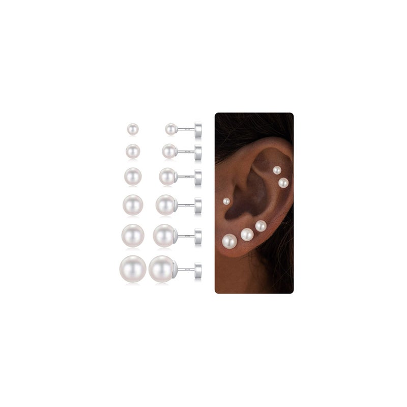 Yoosteel 6 Pairs Silver-Plated Pearl Flat Back Earrings for Women, Dainty Ball Earrings Tiny Studs Jewelry Set for Cartilage Multiple Piercings(4/5/6/7/8/9MM) - Image 1