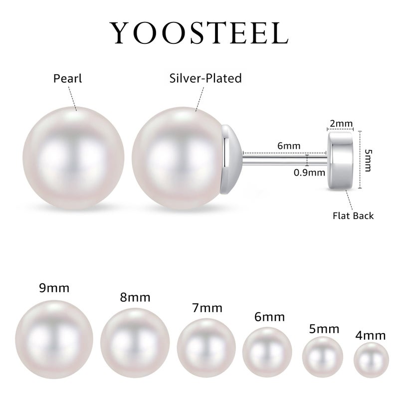 Yoosteel 6 Pairs Silver-Plated Pearl Flat Back Earrings for Women, Dainty Ball Earrings Tiny Studs Jewelry Set for Cartilage Multiple Piercings(4/5/6/7/8/9MM) - Image 5