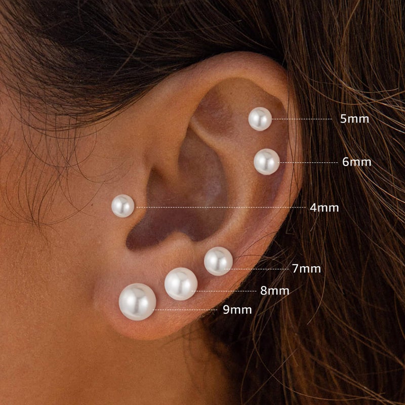 Yoosteel 6 Pairs Silver-Plated Pearl Flat Back Earrings for Women, Dainty Ball Earrings Tiny Studs Jewelry Set for Cartilage Multiple Piercings(4/5/6/7/8/9MM) - Image 3