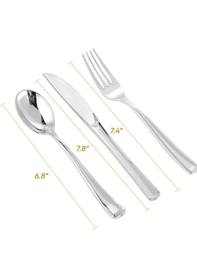 FOCUSLINE 300 Pack Silver Plastic Cutlery Set - 100 Forks, 100 Knives, 100 Spoons - Disposable Flatware Heavy Duty Plastic Silverware Set for Catering, Parties, Dinners, Weddings - Image 1