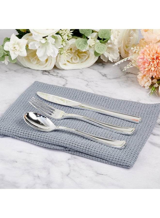 FOCUSLINE 300 Pack Silver Plastic Cutlery Set - 100 Forks, 100 Knives, 100 Spoons - Disposable Flatware Heavy Duty Plastic Silverware Set for Catering, Parties, Dinners, Weddings - Image 3