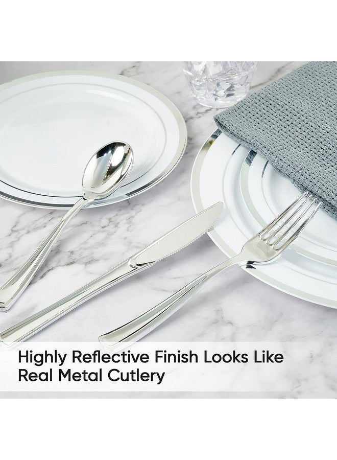 FOCUSLINE 300 Pack Silver Plastic Cutlery Set - 100 Forks, 100 Knives, 100 Spoons - Disposable Flatware Heavy Duty Plastic Silverware Set for Catering, Parties, Dinners, Weddings - Image 4