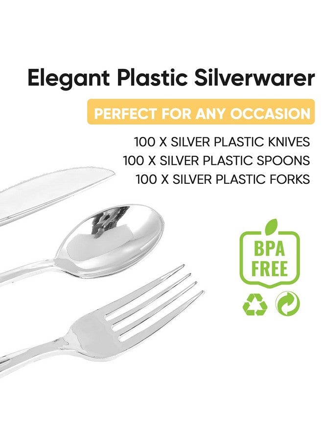 FOCUSLINE 300 Pack Silver Plastic Cutlery Set - 100 Forks, 100 Knives, 100 Spoons - Disposable Flatware Heavy Duty Plastic Silverware Set for Catering, Parties, Dinners, Weddings - Image 2