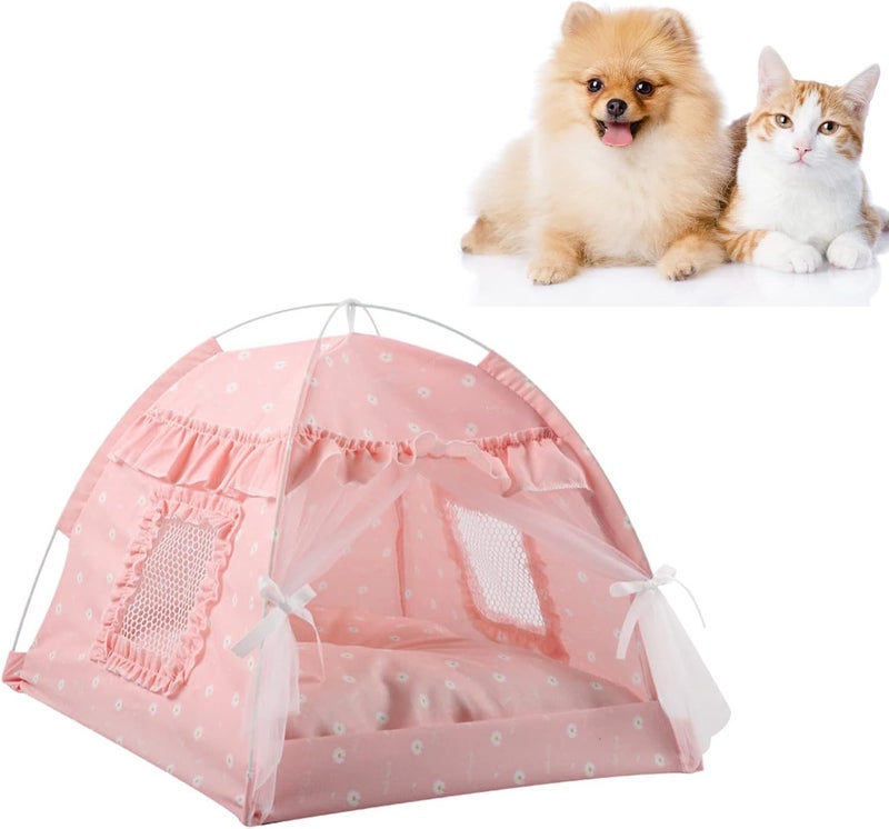 Zerodis Cat Tent House, Foldable Portable Pet Tent with Ventilate Gauze Curtain Summer Cat Cave for Dog Indoor Outdoor Camping Yard (Pink Lace) - Image 1