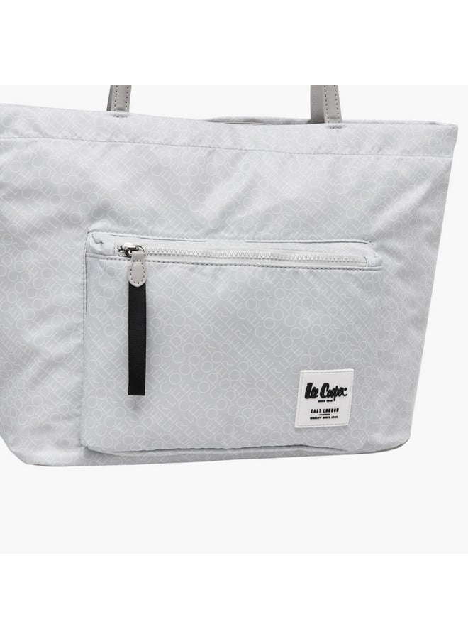 حقيبة يد نسائية بطبعة شعار مع مقبضين وإغلاق بسحاب