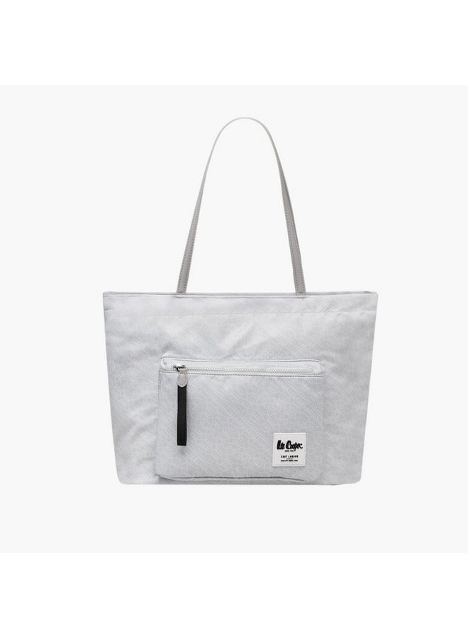 حقيبة يد نسائية بطبعة شعار مع مقبضين وإغلاق بسحاب