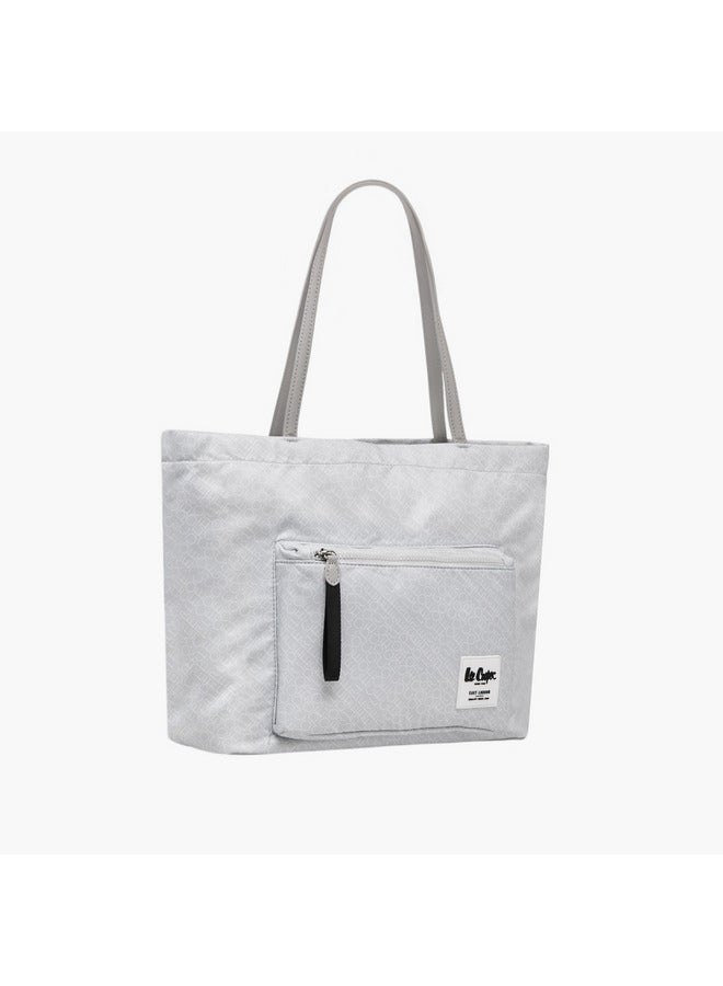 حقيبة يد نسائية بطبعة شعار مع مقبضين وإغلاق بسحاب