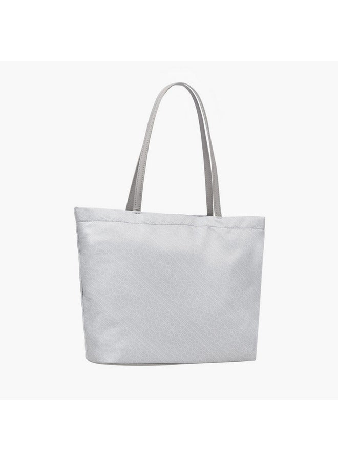 حقيبة يد نسائية بطبعة شعار مع مقبضين وإغلاق بسحاب