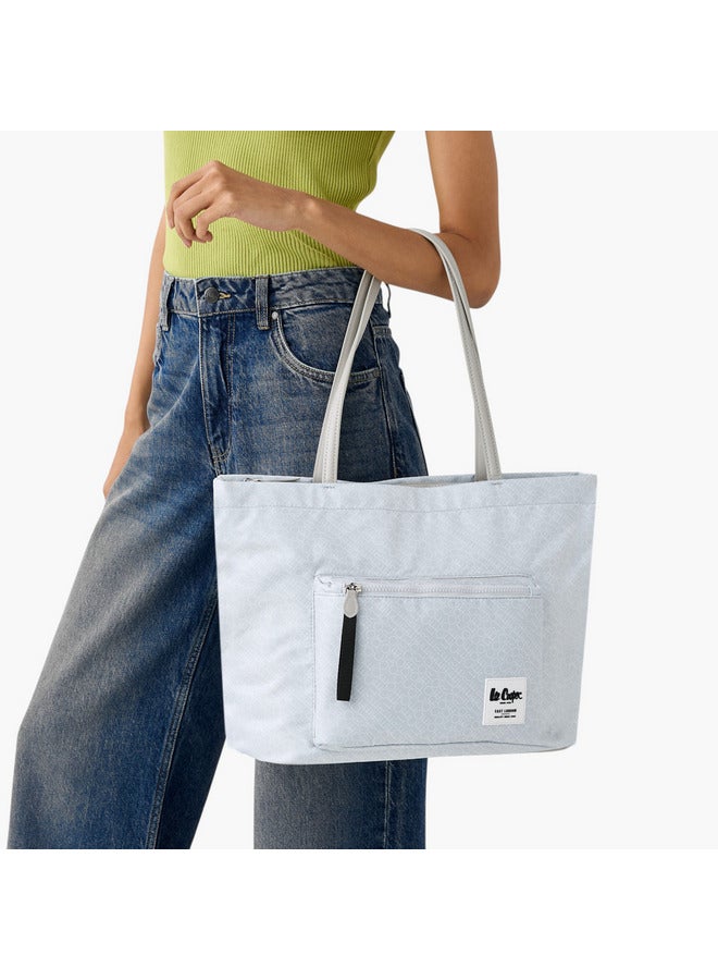 حقيبة يد نسائية بطبعة شعار مع مقبضين وإغلاق بسحاب