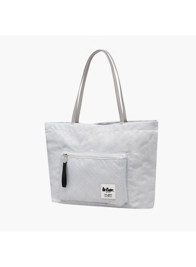 حقيبة يد نسائية بطبعة شعار مع مقبضين وإغلاق بسحاب