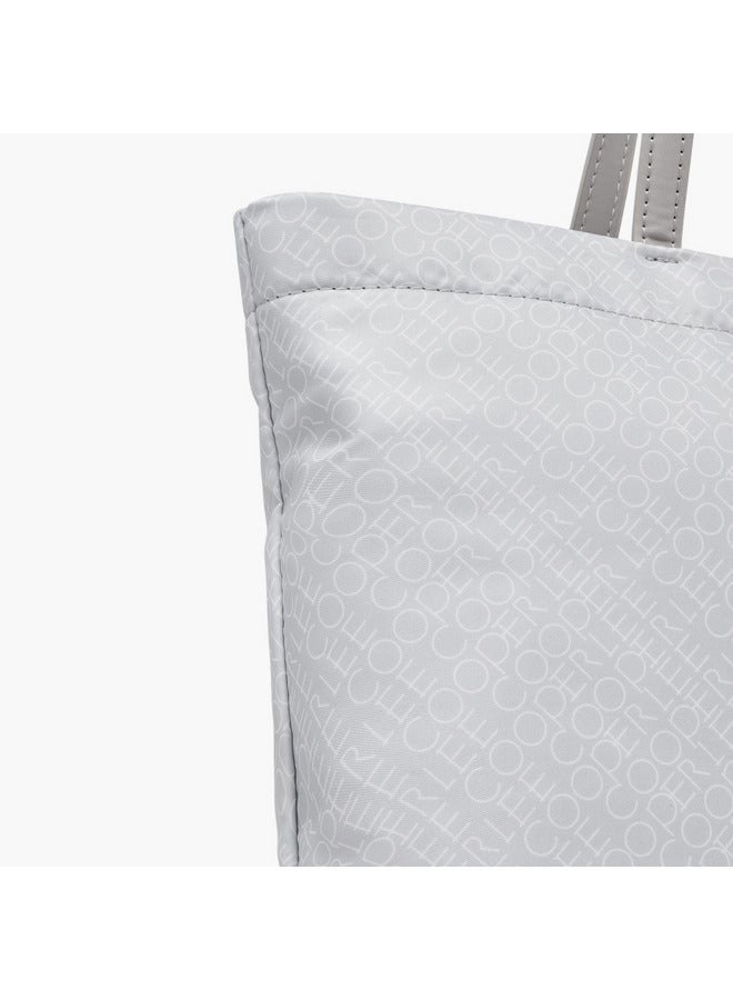 حقيبة يد نسائية بطبعة شعار مع مقبضين وإغلاق بسحاب