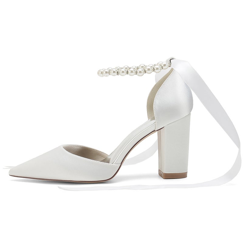 2025 Thick Heel Pointed Pearl Ribbon Lace Wedding Shoes Bride Shoes Bridesmaid Shoes Banquet Shoes 22014-15Sd - Image 4