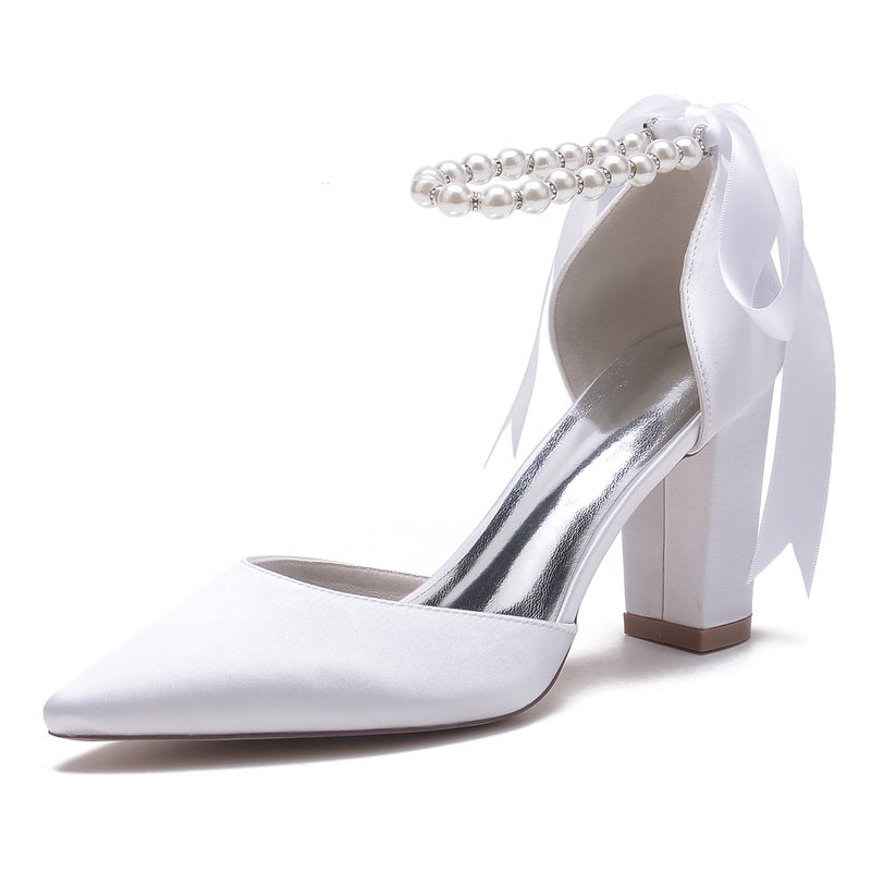 2025 Thick Heel Pointed Pearl Ribbon Lace Wedding Shoes Bride Shoes Bridesmaid Shoes Banquet Shoes 22014-15Sd - Image 2