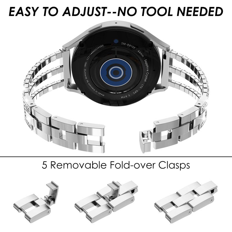 FULLIFE Compatible with Samsung Galaxy Watch 7 6 5 4 FE Band 40mm 44mm for Women, Jewelry Metal Wristband Strap for Galaxy Watch 6 Classic 4 Classic 5 Pro 43mm 47mm 42mm 46mm 45mm 20mm, Silver - Image 4