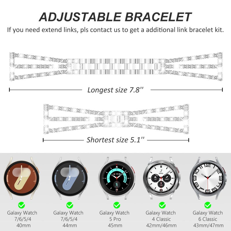 FULLIFE Compatible with Samsung Galaxy Watch 7 6 5 4 FE Band 40mm 44mm for Women, Jewelry Metal Wristband Strap for Galaxy Watch 6 Classic 4 Classic 5 Pro 43mm 47mm 42mm 46mm 45mm 20mm, Silver - Image 5
