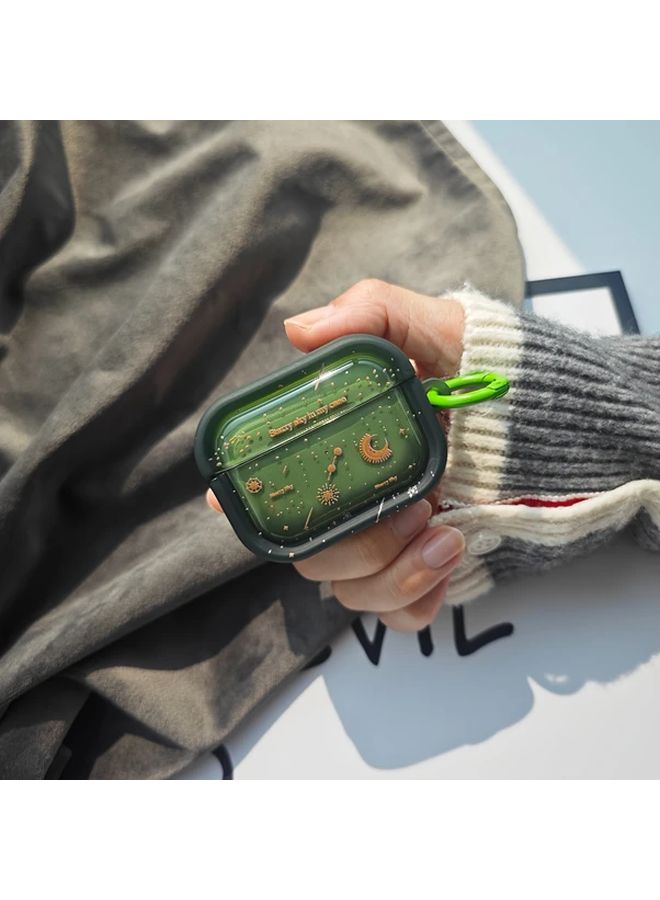 Green Airpods 3 Case with Celestial Meteor Shower Moon Stars Design Durable Translucent Cover Keyring Clasp - Image 3