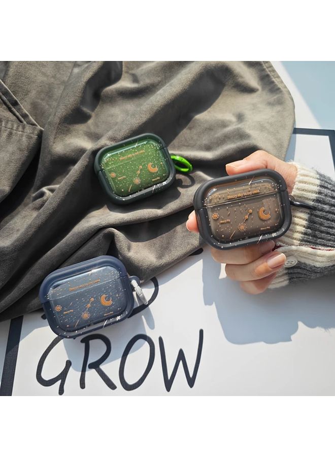 Green Airpods 3 Case with Celestial Meteor Shower Moon Stars Design Durable Translucent Cover Keyring Clasp - Image 2