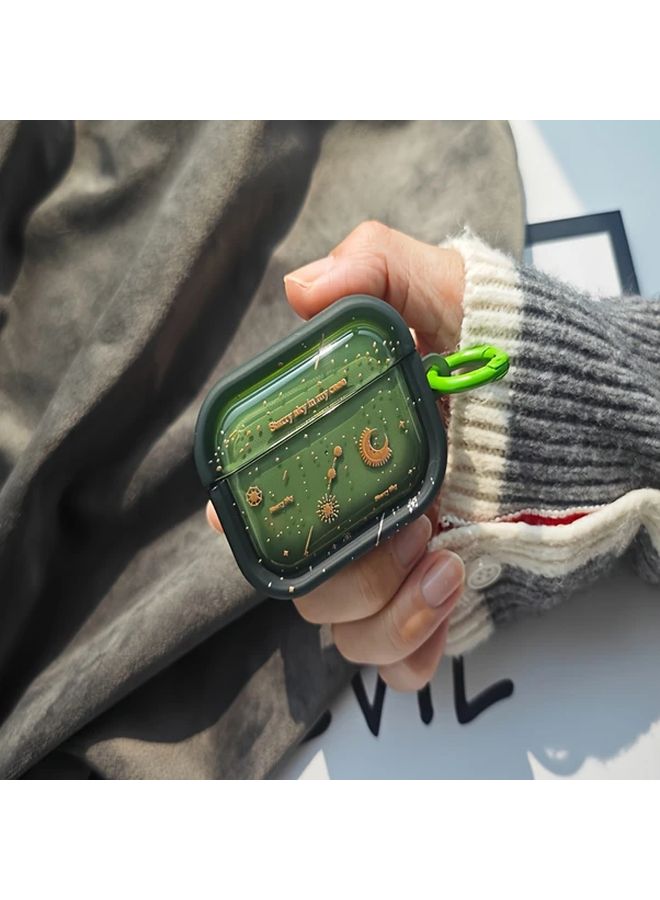 Green Airpods 3 Case with Celestial Meteor Shower Moon Stars Design Durable Translucent Cover Keyring Clasp - Image 1