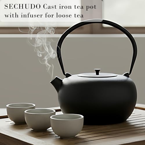 SECHUDO 67.6oz Cast Iron Teapot for Stovetop Safe, Black Chinese Tea Kettle with Stainless Steel Infuser for Loose Leaf, Heavy and Large Tea Pot for Induction Cooker, Teapot Enameled Interior - Image 5