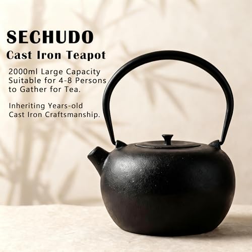 SECHUDO 67.6oz Cast Iron Teapot for Stovetop Safe, Black Chinese Tea Kettle with Stainless Steel Infuser for Loose Leaf, Heavy and Large Tea Pot for Induction Cooker, Teapot Enameled Interior - Image 2