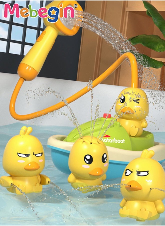 MEBEGIN - Bath Toys for Toddlers 1-3, Water Spray Rubber Ducks Baby Bathtub Toys, Electric Shower Toy Set with Boat, Hand Spray, Hose, 4 Little Ducks, Fun Bath Toys for Kids Girls Boys - Image 1