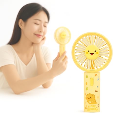 WISHKEY Portable Handheld Mini Fan Cute Dragon Print- USB/Battery Rechargeable, High-Speed Cooling for Travel, Office & Outdoor Use,Rechargeable Fan with 3 Speed Modes- Yellow - Image 1