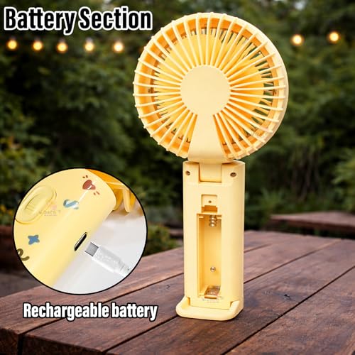 WISHKEY Portable Handheld Mini Fan Cute Dragon Print- USB/Battery Rechargeable, High-Speed Cooling for Travel, Office & Outdoor Use,Rechargeable Fan with 3 Speed Modes- Yellow - Image 5