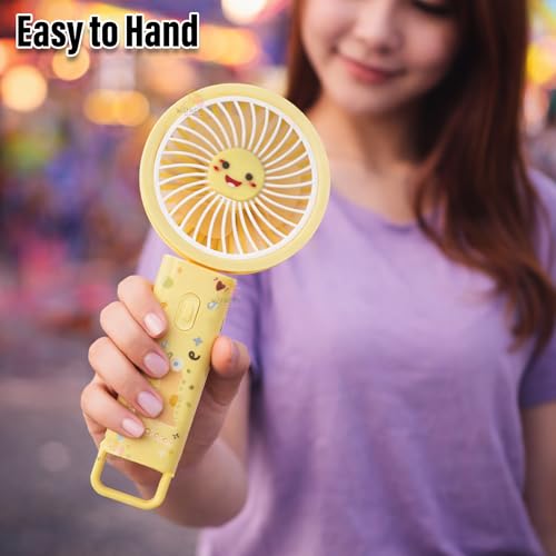 WISHKEY Portable Handheld Mini Fan Cute Dragon Print- USB/Battery Rechargeable, High-Speed Cooling for Travel, Office & Outdoor Use,Rechargeable Fan with 3 Speed Modes- Yellow - Image 2