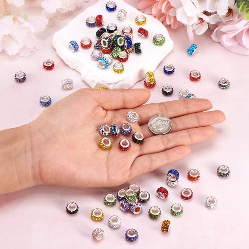 Craftdady Large Hole European Beads, Random Color Polymer Clay with Rhinestone Rondelle Slide Beads Craftdady 100Pcs Colorful Loose Bead for DIY Snake Chain Bracelet Making 5mm Big Hole - Image 5