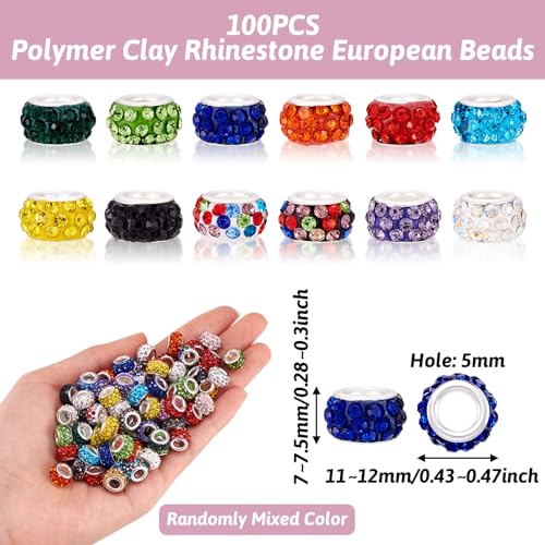 Craftdady Large Hole European Beads, Random Color Polymer Clay with Rhinestone Rondelle Slide Beads Craftdady 100Pcs Colorful Loose Bead for DIY Snake Chain Bracelet Making 5mm Big Hole - Image 2