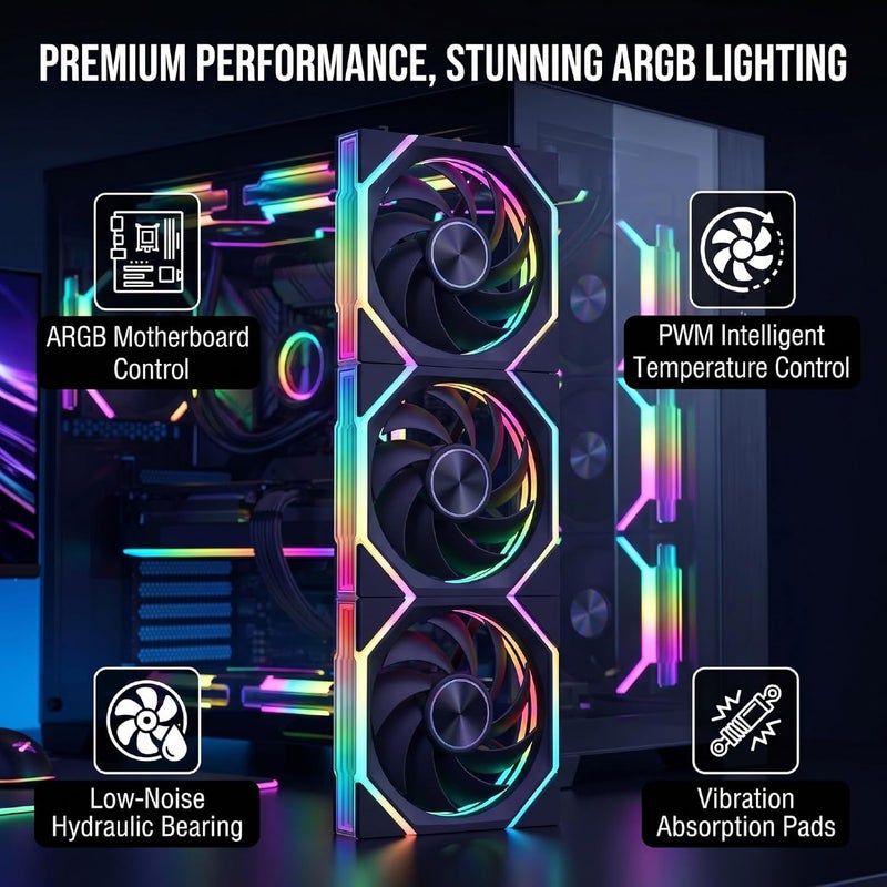 Dpofirs 3PCS ARGB PC Case Fans, 120mm PWM Cooling Fans with Infinite Mirror Lighting and Hydraulic Bearing, 800-2000RPM, for PC Cooling - Image 2