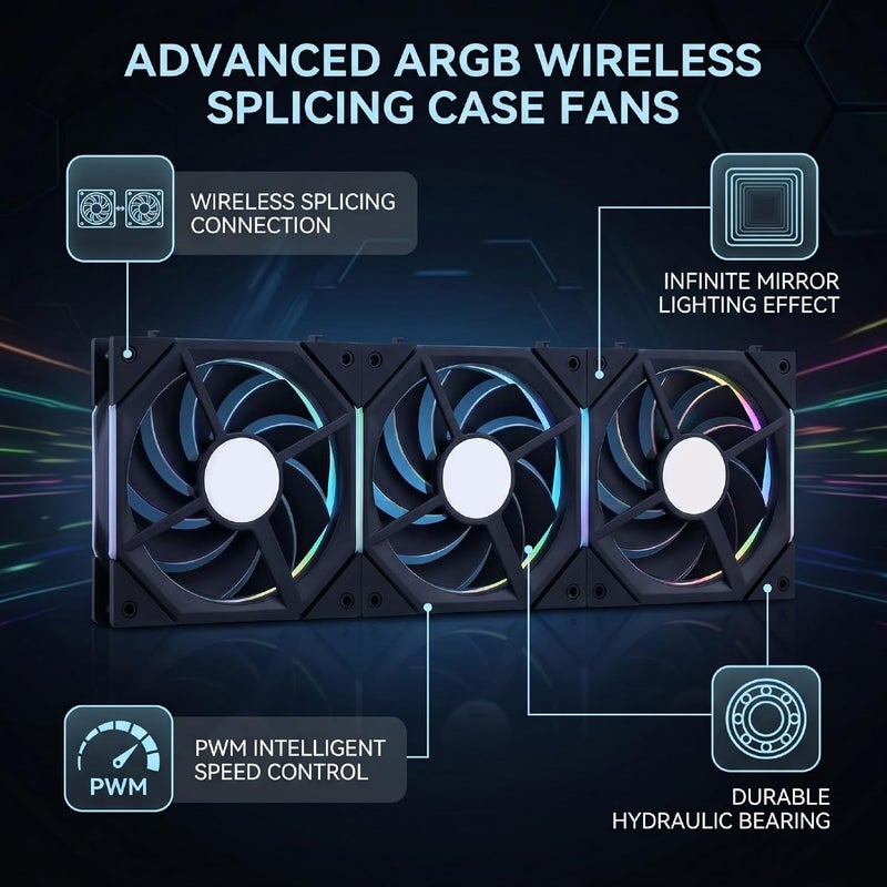 Dpofirs 3PCS ARGB PC Case Fans, 120mm PWM Cooling Fans with Infinite Mirror Lighting and Hydraulic Bearing, 800-2000RPM, for PC Cooling - Image 4