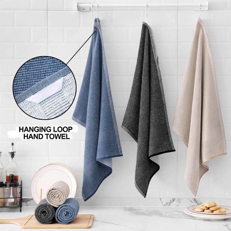 Homaxy Premium Kitchen Towels(18 x 28   6 Pack)  Large Cotton Kitchen Hand Towels  Flat and Terry Dish Towels  380 GSM Highly Absorbent Tea Towels Set with Hanging Loop  Navy Blue/Khaki/Black - Image 3
