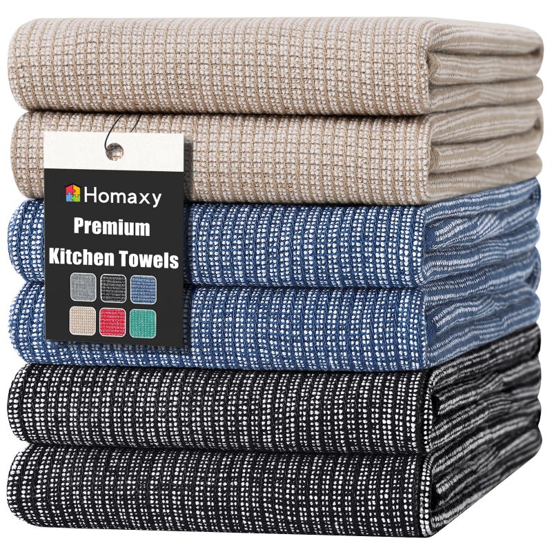 Homaxy Premium Kitchen Towels(18 x 28   6 Pack)  Large Cotton Kitchen Hand Towels  Flat and Terry Dish Towels  380 GSM Highly Absorbent Tea Towels Set with Hanging Loop  Navy Blue/Khaki/Black - Image 1