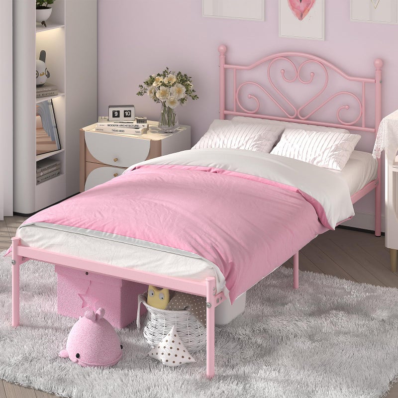 Weehom Twin Bed Frames with Headboard Heavy Duty Metal Platform Under Bed Storage Space Easy Assembly for Kids Girls Adults Pink
