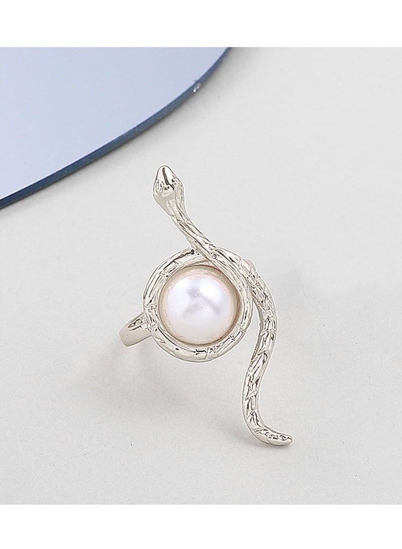 Snake Shaped Ring, Spirit Snake Ring Jewelry, pearl Adjustable Opening Finger Ring(silver)