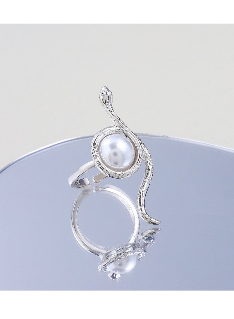 Snake Shaped Ring, Spirit Snake Ring Jewelry, pearl Adjustable Opening Finger Ring(silver)