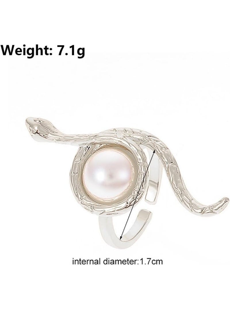 Snake Shaped Ring, Spirit Snake Ring Jewelry, pearl Adjustable Opening Finger Ring(silver)