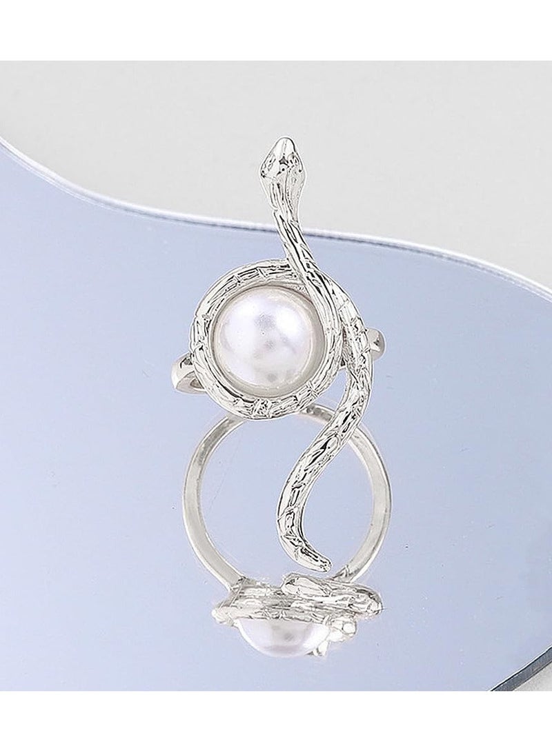 Snake Shaped Ring, Spirit Snake Ring Jewelry, pearl Adjustable Opening Finger Ring(silver)
