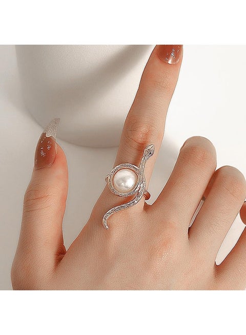 Snake Shaped Ring, Spirit Snake Ring Jewelry, pearl Adjustable Opening Finger Ring(silver)
