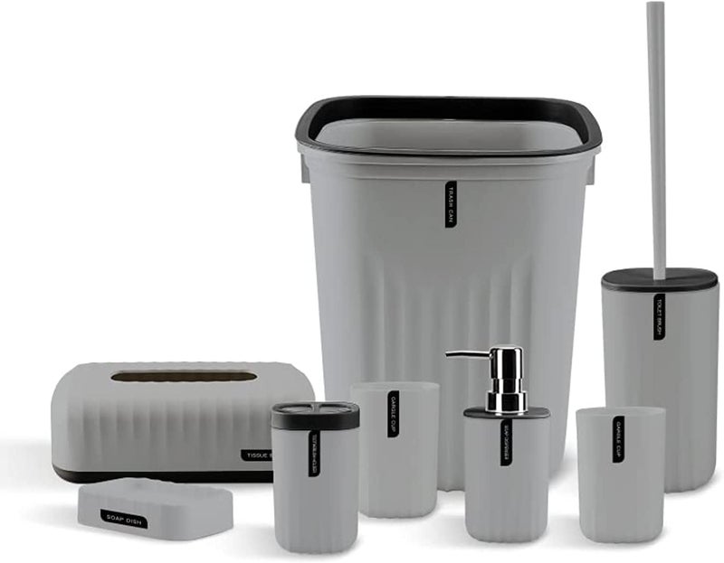 HOME CUBE 8Pcs Bathroom Accessories Set, Soap Dish, Soap Dispenser, Toothbrush Holder, 2 Mouth Wash Cup, Tissue Box, Dustbin, Toilet Brush Holder, Complete Bath Organiser Set for Bathroom (Grey) - Image 1