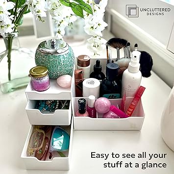 UNCLUTTERED DESIGNS Makeup Organizer With Drawers Modern Countertop Storage for Cosmetics Chic Vanity Holder for Perfume Skincare Brush Lipstick Nail Polish Organization Display White - Image 3