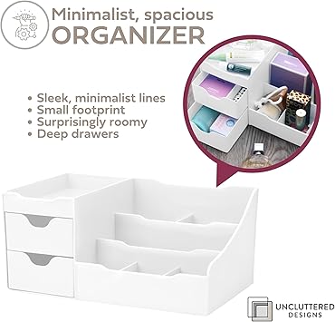 UNCLUTTERED DESIGNS Makeup Organizer With Drawers Modern Countertop Storage for Cosmetics Chic Vanity Holder for Perfume Skincare Brush Lipstick Nail Polish Organization Display White - Image 2