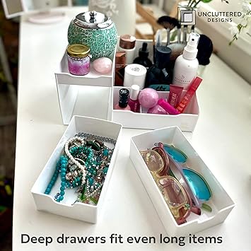 UNCLUTTERED DESIGNS Makeup Organizer With Drawers Modern Countertop Storage for Cosmetics Chic Vanity Holder for Perfume Skincare Brush Lipstick Nail Polish Organization Display White - Image 4
