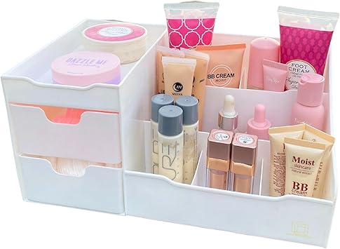 UNCLUTTERED DESIGNS Makeup Organizer With Drawers Modern Countertop Storage for Cosmetics Chic Vanity Holder for Perfume Skincare Brush Lipstick Nail Polish Organization Display White - Image 1