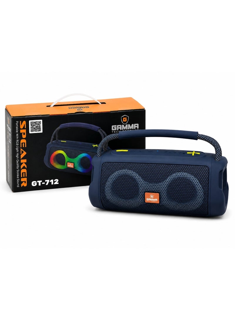 Gamma GT-712 Portable Wireless Speaker – Powerful Stereo Sound with Dual 5W Speakers, Dynamic RGB Lighting Effects, Bluetooth Wireless Audio Streaming, USB, TF Card & AUX Playback Support, Built-in 1800mAh Rechargeable Battery, Up to 3 Hours Playtime, Durable ABS Construction, Convenient Carry Handle, Ideal for Home, Travel, Outdoor Parties & Everyday Entertainment – Blue - Image 2
