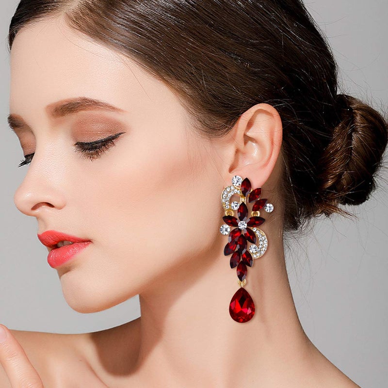 BriLove Wedding Bridal Clip-On Earrings for Women Bohemian Boho Crystal Flower Chandelier Teardrop Bling Long Dangle Jewelry for Party Prom Ruby Color Gold-Toned - Image 4